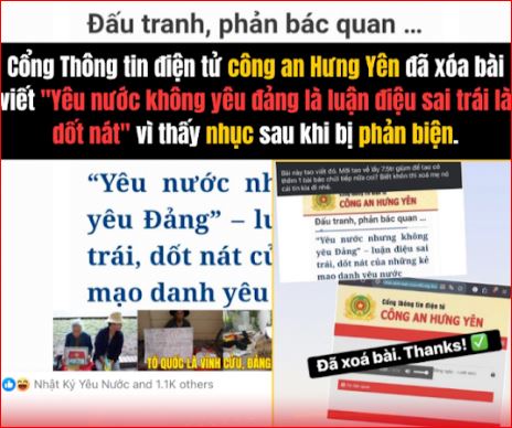 Công an Hưng Yên gỡ bài: “Yêu nước phải yêu Đảng” là một ngụy biện chính trị cũ kỹ.